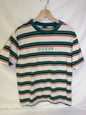 GUESS Green Cream Brown Striped Logo Short Sleeve Tee